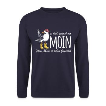 Möwe - Es heißt einfach nur Moin - Spruch - Unisex Pullover - Navy - Vorne - Alina (178cm) & Michal (187cm)