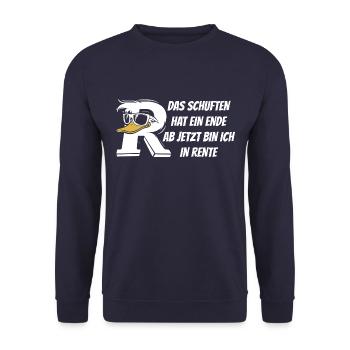 Rente Ente Cartoon - Das Schuften hat ein Ende - Unisex Pullover - Navy - Vorne - Alina (178cm) & Michal (187cm)