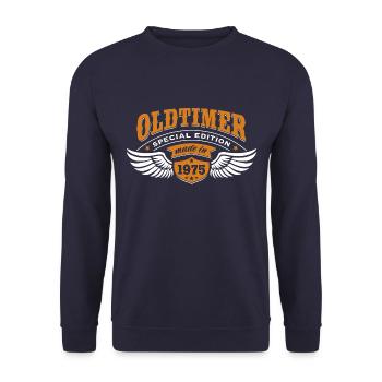 Oldtimer Made in 1975 - Geburtstag - Geschenk - Unisex Pullover - Navy - Vorne - Alina (178cm) & Michal (187cm)