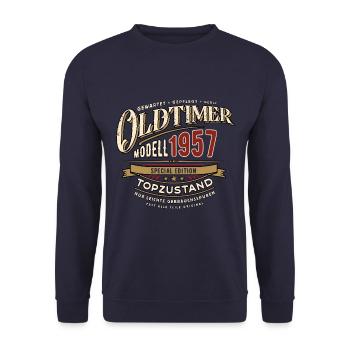 Oldtimer Modell 1957 - Geburtstag - Jahrgang - Unisex Pullover - Navy - Vorne - Alina (178cm) & Michal (187cm)