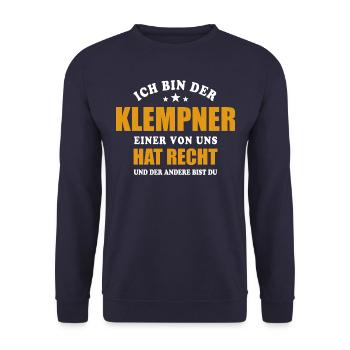 Ich bin der Klempner - einer von uns hat Recht - Unisex Pullover - Navy - Vorne - Alina (178cm) & Michal (187cm)