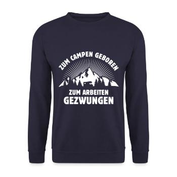 Zum Campen geboren - Wohnmobil - Camping - Spruch - Unisex Pullover - Navy - Vorne - Alina (178cm) & Michal (187cm)