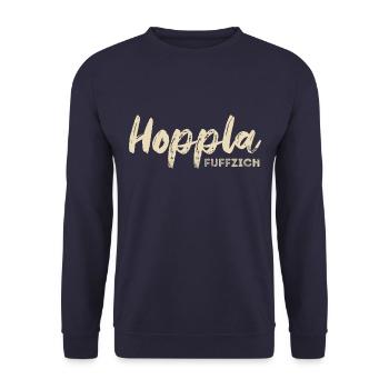 Hoppla, fuffzich - 50. Geburtstag Spruch - Unisex Pullover - Navy - Vorne - Alina (178cm) & Michal (187cm)