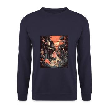 Lofi Japan Street Design with Girl and Cat - Cozy - Unisex Sweatshirt - navy - Front - Alina (178cm) & Michal (187cm)