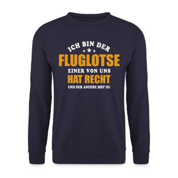 Ich bin der Fluglotse - einer von uns hat Recht - Unisex Pullover - Navy - Vorne - Alina (178cm) & Michal (187cm)