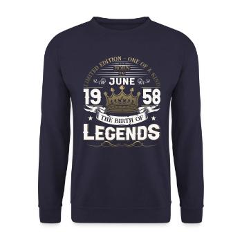 65. Geburtstag Mann Juni Jahrgang 1958 Legendary - Unisex Pullover - Navy - Vorne - Alina (178cm) & Michal (187cm)