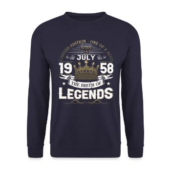 65. Geburtstag Mann Juli Jahrgang 1958 Legendary - Unisex Pullover - Navy - Vorne - Alina (178cm) & Michal (187cm)