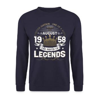 65. Geburtstag Mann August Jahrgang 1958 Legendary - Unisex Pullover - Navy - Vorne - Alina (178cm) & Michal (187cm)