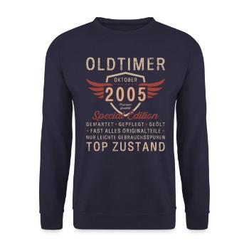 18. Geburtstag Oldtimer Oktober Jahrgang 2005 - Unisex Pullover - Navy - Vorne - Alina (178cm) & Michal (187cm)