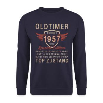 66. Geburtstag Oldtimer Oktober Jahrgang 1957 - Unisex Pullover - Navy - Vorne - Alina (178cm) & Michal (187cm)