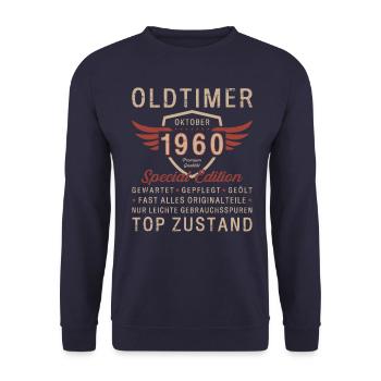 63. Geburtstag Oldtimer Oktober Jahrgang 1960 - Unisex Pullover - Navy - Vorne - Alina (178cm) & Michal (187cm)