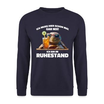 Rentner Rentnerin Rente Geschenk Ruhestand - Unisex Pullover - Navy - Vorne - Alina (178cm) & Michal (187cm)