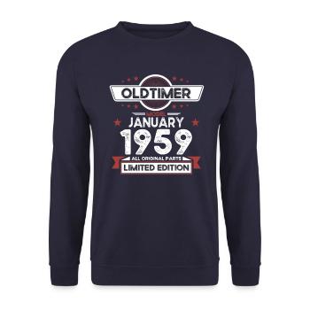 65. Geburtstag Oldtimer Januar Jahrgang 1959 - Unisex Pullover - Navy - Vorne - Alina (178cm) & Michal (187cm)