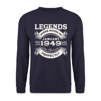 75th birthday Legendary since January Born in 1949 - Unisex Sweatshirt - navy - Front - Alina (178cm) & Michal (187cm)