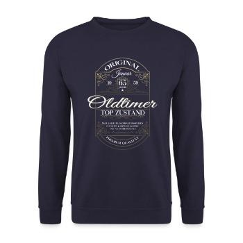 65. Geburtstag Oldtimer Januar Jahrgang 1959 - Unisex Pullover - Navy - Vorne - Alina (178cm) & Michal (187cm)