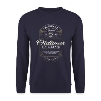 20. Geburtstag Oldtimer Januar Jahrgang 2004 - Unisex Pullover - Navy - Vorne - Alina (178cm) & Michal (187cm)