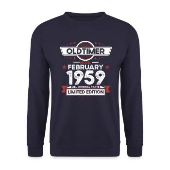 65. Geburtstag Oldtimer Februar Jahrgang 1959 - Unisex Pullover - Navy - Vorne - Alina (178cm) & Michal (187cm)