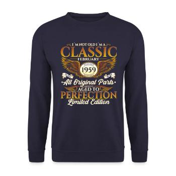 65. Geburtstag Oldtimer Februar Jahrgang 1959 - Unisex Pullover - Navy - Vorne - Alina (178cm) & Michal (187cm)