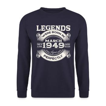 75th birthday Legendary since March Born in 1949 - Unisex Sweatshirt - navy - Front - Alina (178cm) & Michal (187cm)