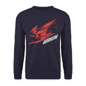 Borkum Sturzflug Tiefflieger Möwe Urlaub T-Shirt - Unisex Pullover - Navy - Vorne - Alina (178cm) & Michal (187cm)