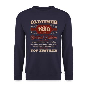 Oldtimer Mai 1980 Jahrgang 1980 Geburtstag 1980 - Unisex Pullover - Navy - Vorne - Alina (178cm) & Michal (187cm)