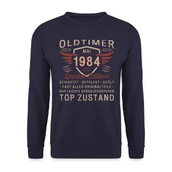 Oldtimer Mai 1984 Jahrgang 1984 Geburtstag 1984 - Unisex Pullover - Navy - Vorne - Alina (178cm) & Michal (187cm)