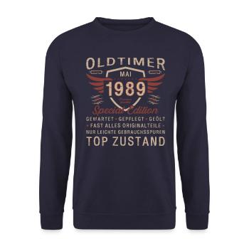Oldtimer Mai 1989 Jahrgang 1989 Geburtstag 1989 - Unisex Pullover - Navy - Vorne - Alina (178cm) & Michal (187cm)