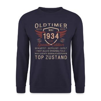 Oldtimer Mai 1934 Jahrgang 1934 Geburtstag 1934 - Unisex Pullover - Navy - Vorne - Alina (178cm) & Michal (187cm)