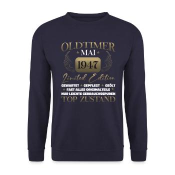 Oldtimer Mai 1947 Jahrgang 1947 Geburtstag 1947 - Unisex Pullover - Navy - Vorne - Alina (178cm) & Michal (187cm)