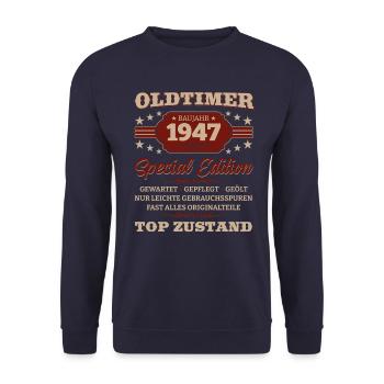 Oldtimer 1947 Jahrgang 1947 Geburtstag 1947 - Unisex Pullover - Navy - Vorne - Alina (178cm) & Michal (187cm)