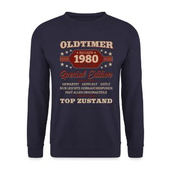 Oldtimer 1980 Jahrgang 1980 44. Geburtstag 1980 - Unisex Pullover - Navy - Vorne - Alina (178cm) & Michal (187cm)