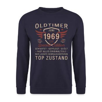 Oldtimer Juni 1969 Jahrgang 1969 55. Geburtstag 69 - Unisex Pullover - Navy - Vorne - Alina (178cm) & Michal (187cm)