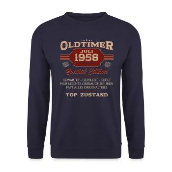66. Geburtstag Oldtimer Juli 1958 Jahrgang 1958 - Unisex Pullover - Navy - Vorne - Alina (178cm) & Michal (187cm)