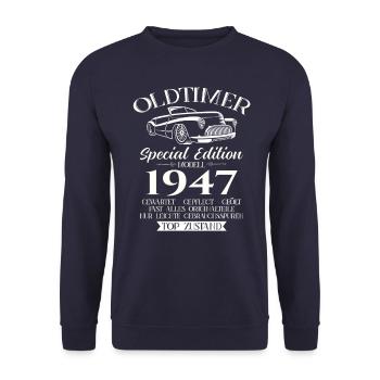 Oldtimer 1947 Jahrgang 1947 77. Geburtstag 1947 - Unisex Pullover - Navy - Vorne - Alina (178cm) & Michal (187cm)