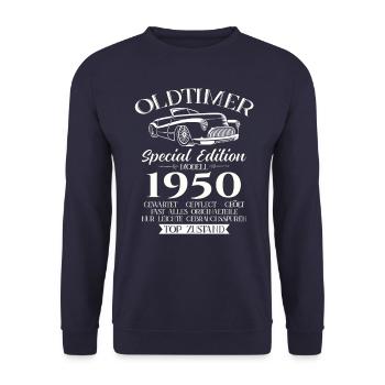 75. Geburtstag Oldtimer 1950 Jahrgang 1950 - Unisex Pullover - Navy - Vorne - Alina (178cm) & Michal (187cm)