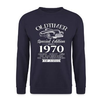 Oldtimer 1970 Jahrgang 1970 55. Geburtstag 1970 - Unisex Pullover - Navy - Vorne - Alina (178cm) & Michal (187cm)