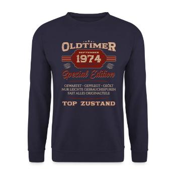 50ème Anniversaire Voiture Classique Septembre 1974 Année 74 - Sweat-shirt Unisexe - marine - Devant - Alina (178cm) & Michal (187cm)