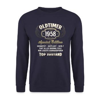 66. Geburtstag Oldtimer November 1958 Jahrgang 58 - Unisex Pullover - Navy - Vorne - Alina (178cm) & Michal (187cm)