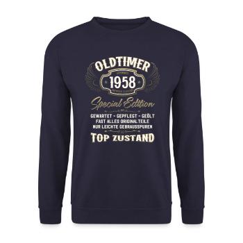 66. Geburtstag Oldtimer Dezember 1958 Jahrgang 58 - Unisex Pullover - Navy - Vorne - Alina (178cm) & Michal (187cm)