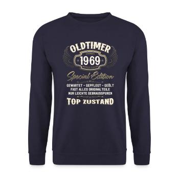 55th Birthday Oldtimer December 1969 Volume 69 - Unisex Sweatshirt - navy - Front - Alina (178cm) & Michal (187cm)