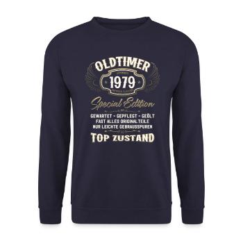 45e anniversaire Voiture classique Décembre 1979 Volume 79 - Sweat-shirt Unisexe - marine - Devant - Alina (178cm) & Michal (187cm)