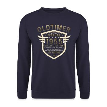70. Geburtstag Oldtimer Februar Jahrgang 1955 - Unisex Pullover - Navy - Vorne - Alina (178cm) & Michal (187cm)