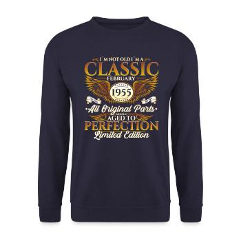 70. Geburtstag Oldtimer Februar Jahrgang 1955 - Unisex Pullover - Navy - Vorne - Alina (178cm) & Michal (187cm)