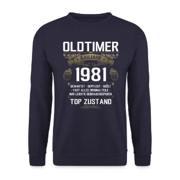 44. Geburtstag Oldtimer Jahrgang 1981 - Unisex Pullover - Navy - Vorne - Alina (178cm) & Michal (187cm)