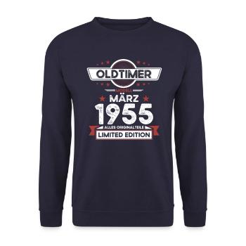 70. Geburtstag Oldtimer März Jahrgang 1955 - Unisex Pullover - Navy - Vorne - Alina (178cm) & Michal (187cm)