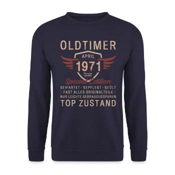 55. Geburtstag Oldtimer April Jahrgang 1971 - Unisex Pullover - Navy - Vorne - Alina (178cm) & Michal (187cm)