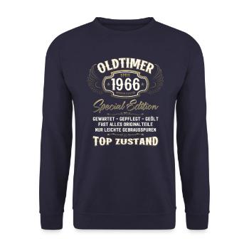 60. Geburtstag Oldtimer April Jahrgang 1966 - Unisex Pullover - Navy - Vorne - Alina (178cm) & Michal (187cm)
