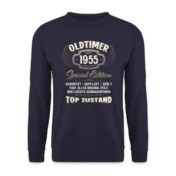 70. Geburtstag Oldtimer April Jahrgang 1955 - Unisex Pullover - Navy - Vorne - Alina (178cm) & Michal (187cm)