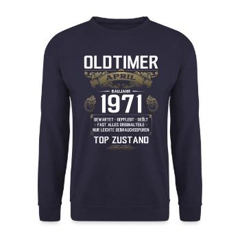 55. Geburtstag Oldtimer April Jahrgang 1971 - Unisex Pullover - Navy - Vorne - Alina (178cm) & Michal (187cm)