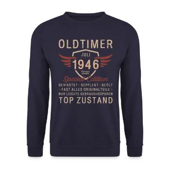 80. Geburtstag Oldtimer Juli Jahrgang 1946 - Unisex Pullover - Navy - Vorne - Alina (178cm) & Michal (187cm)